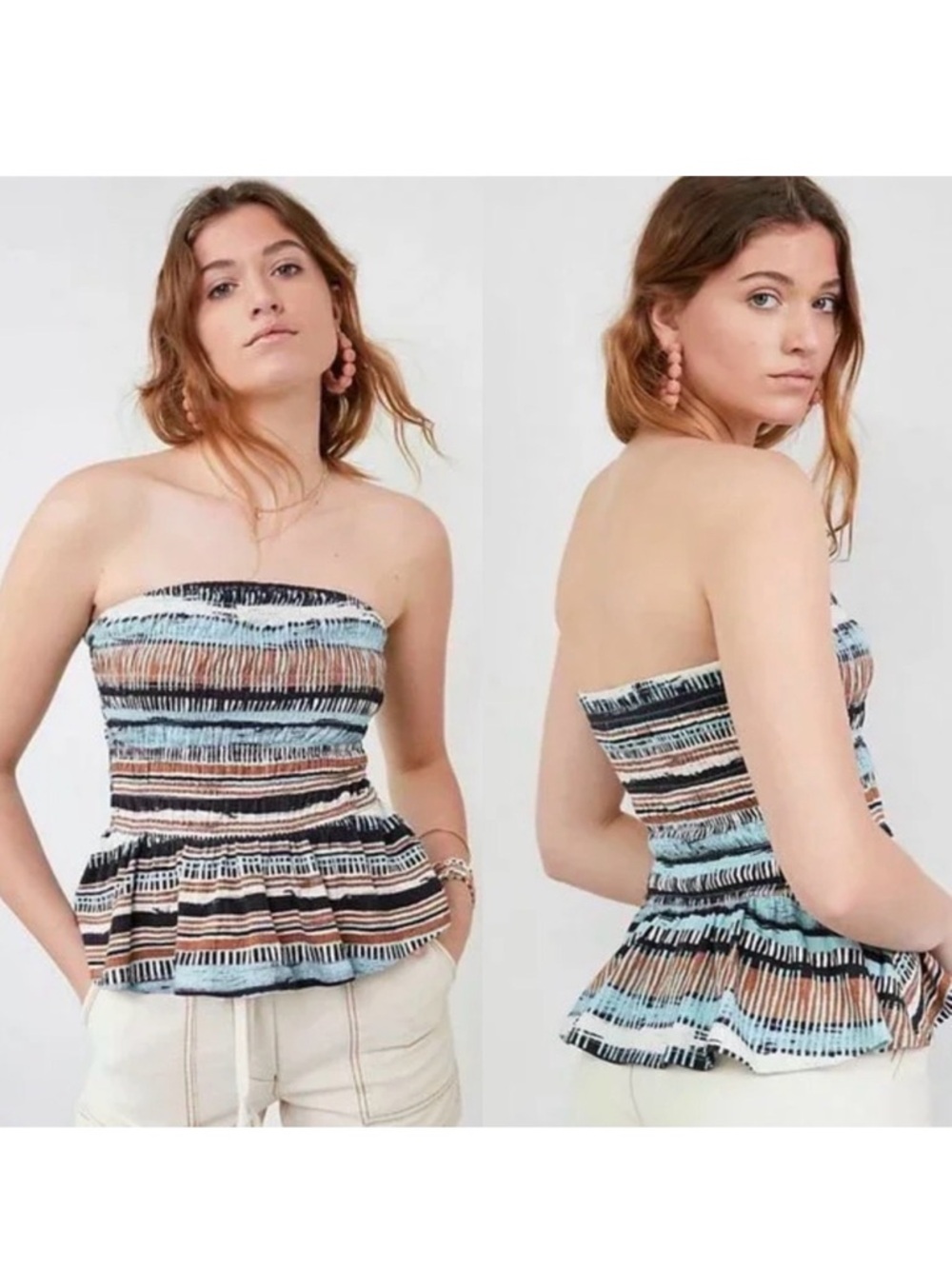 Anthropologie Striped Peplum Tube Top in Brown, Black & Light Blue